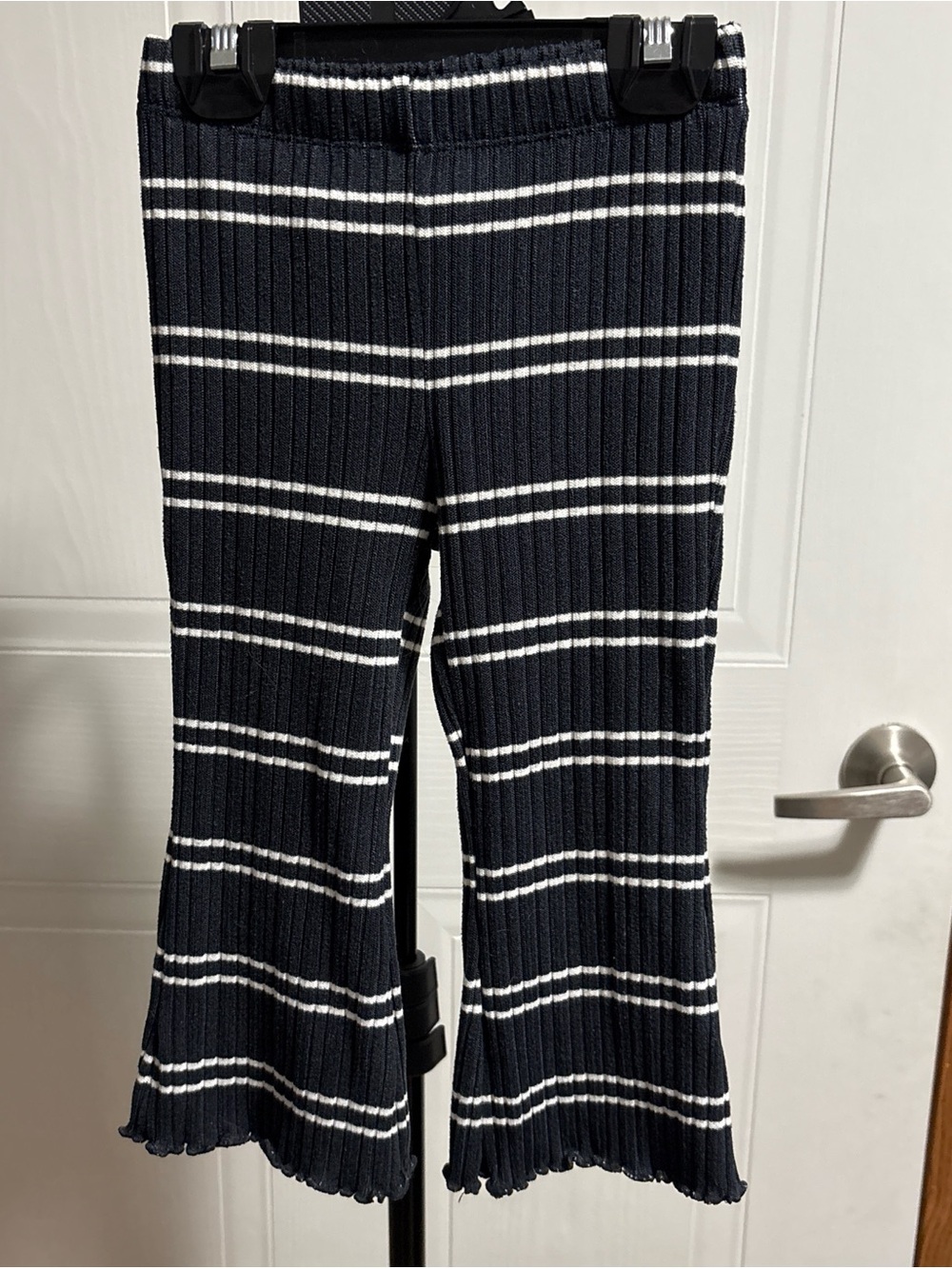 Kids Navy Blue Striped Knit Flare Pants - Casual Bottoms